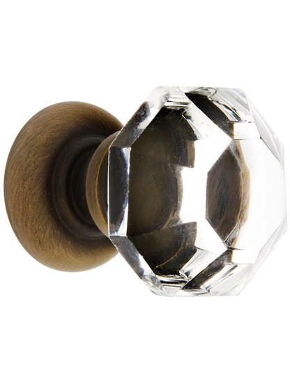 Medium Octagonal Cut Crystal Knob With Solid Brass Base in Antique Brass.